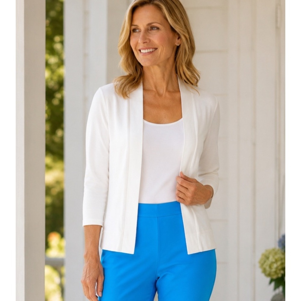 E.L.I. 100% Pima Cotton Stretch White Open Front Luxe Cardigan Women's Small EUC